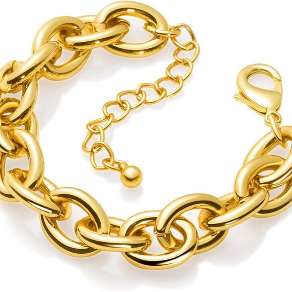 Gold Bracelet for Women Chunky 14k Gold Plated Link Chain Statement - Picture 1 of 7